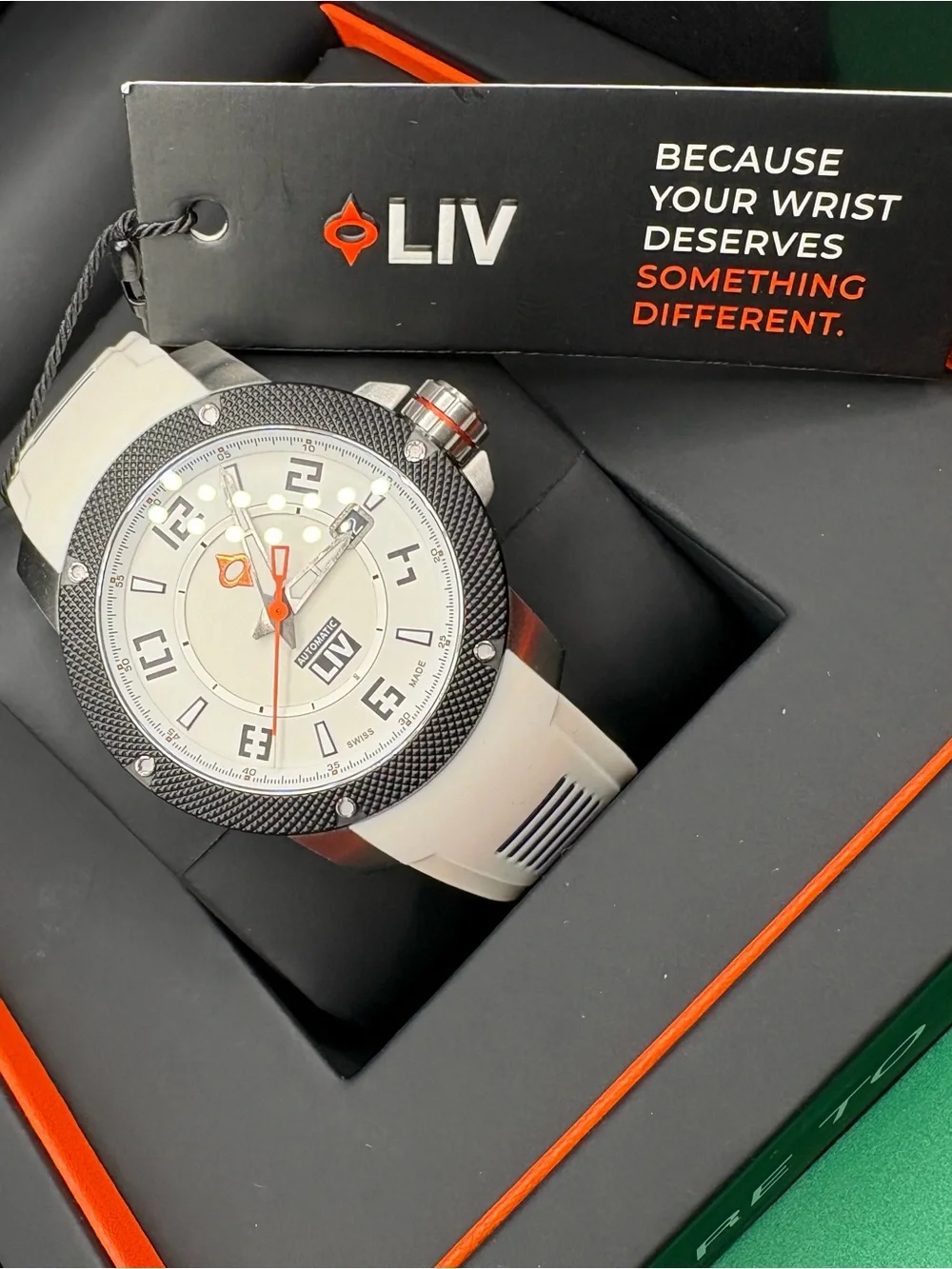LIV White Dial Sport Watch with Black Textured Bezel